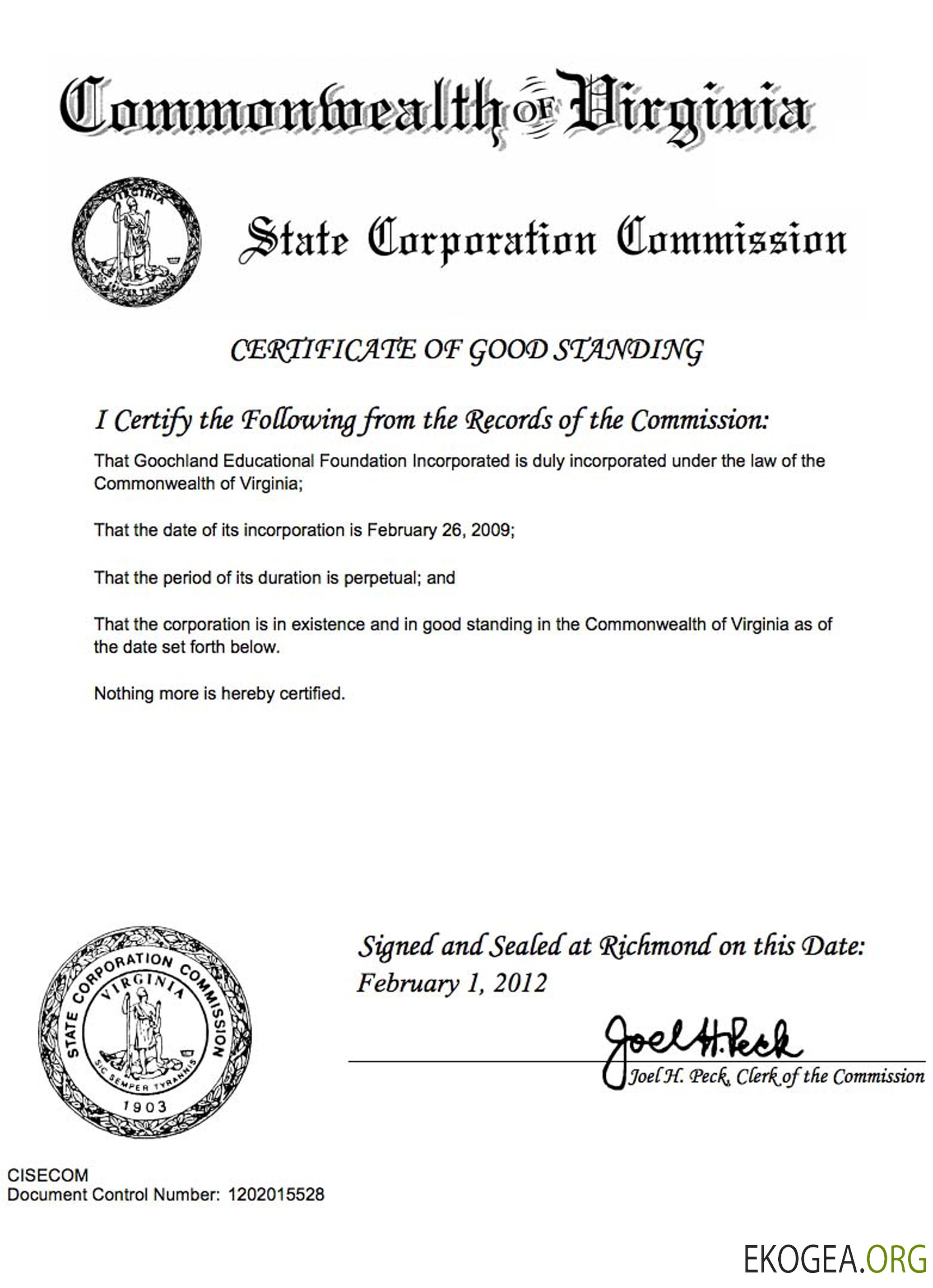 Certificat de bonne réputation de Virginie aux États Unis